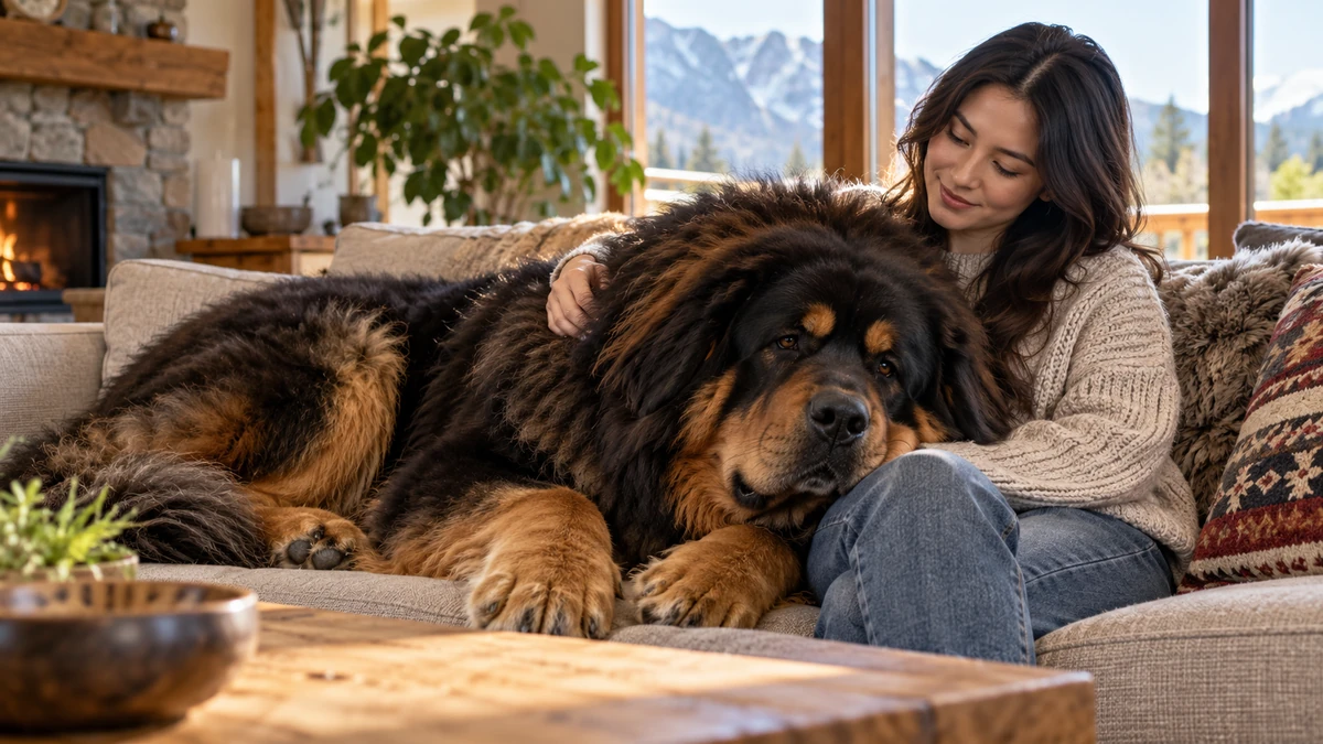 Tibet Mastifi köpek — sahibinin kucağında